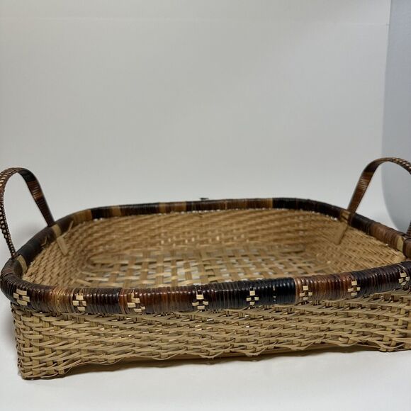 Vintage Hand Woven Tobacco Basket - Bamboo Storage Rectangle With Handles - Picture 3 of 7
